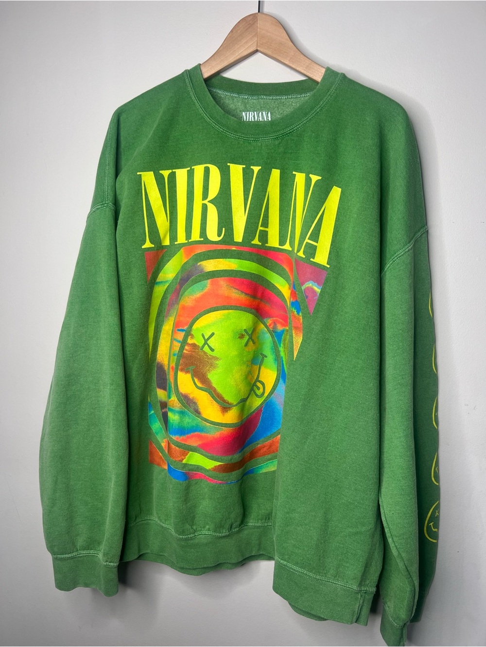 NIRVANA Green Crewneck with Yellow Logo and Multicolor Smiley